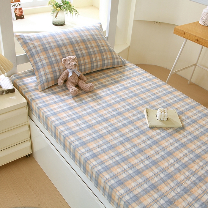 91家纺网 家纺一手货源 找家纺 春皖家纺 2026新款学生季全棉纯棉色织AB版水洗棉单品系列-单床笠 床笠单件 翠竹-蓝格