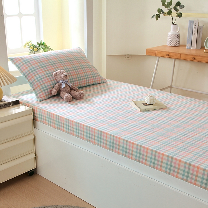 春皖家纺 2025新款学生季全棉纯棉色织AB版水洗棉单品系列-单床笠 床笠单件 翠竹-绿格