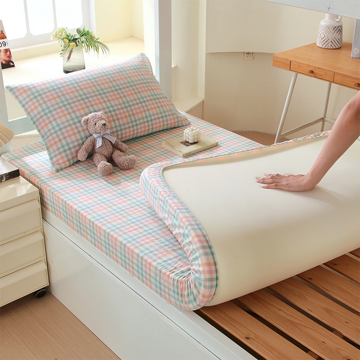 91家纺网 家纺一手货源 找家纺 春皖家纺 2025新款学生季全棉纯棉色织AB版水洗棉单品系列-单床笠 床笠单件 翠竹-绿格