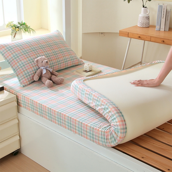 91家纺网 家纺一手货源 找家纺 春皖家纺 2025新款学生季全棉纯棉色织AB版水洗棉单品系列-单床笠 床笠单件 翠竹-绿格