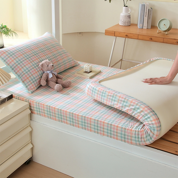 91家纺网 家纺一手货源 找家纺 春皖家纺 2025新款学生季全棉纯棉色织AB版水洗棉单品系列-单床笠 床笠单件 翠竹-绿格