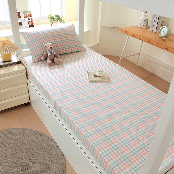 91家纺网 家纺一手货源 找家纺 春皖家纺 2025新款学生季全棉纯棉色织AB版水洗棉单品系列-单床笠 床笠单件 翠竹-绿格