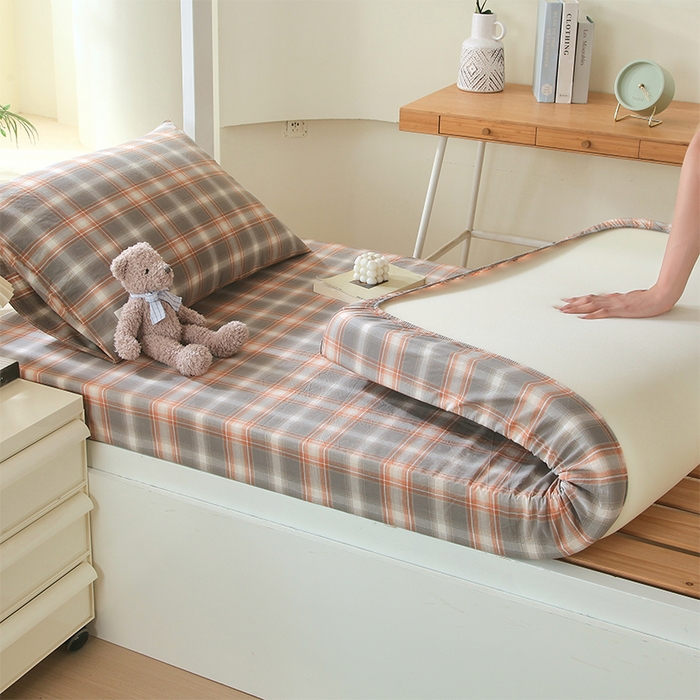 91家纺网 家纺一手货源 找家纺 春皖家纺 2026新款学生季全棉纯棉色织AB版水洗棉单品系列-单床笠 床笠单件 栗木-咖格