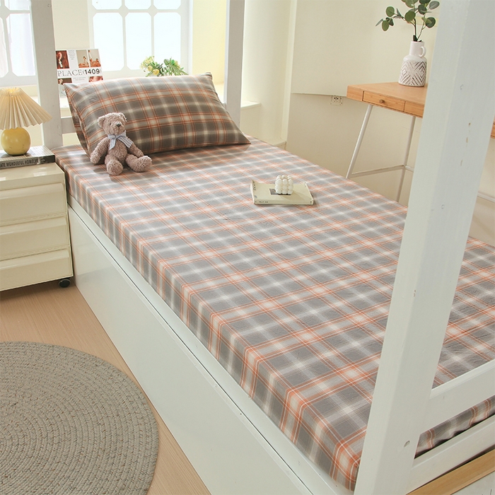 91家纺网 家纺一手货源 找家纺 春皖家纺 2026新款学生季全棉纯棉色织AB版水洗棉单品系列-单床笠 床笠单件 栗木-咖格