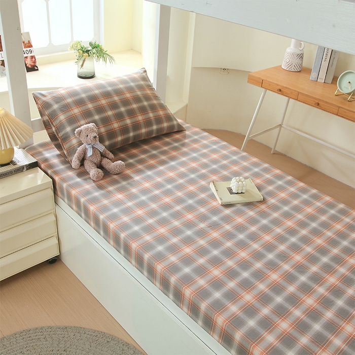 91家纺网 家纺一手货源 找家纺 春皖家纺 2026新款学生季全棉纯棉色织AB版水洗棉单品系列-单床笠 床笠单件 栗木-咖格