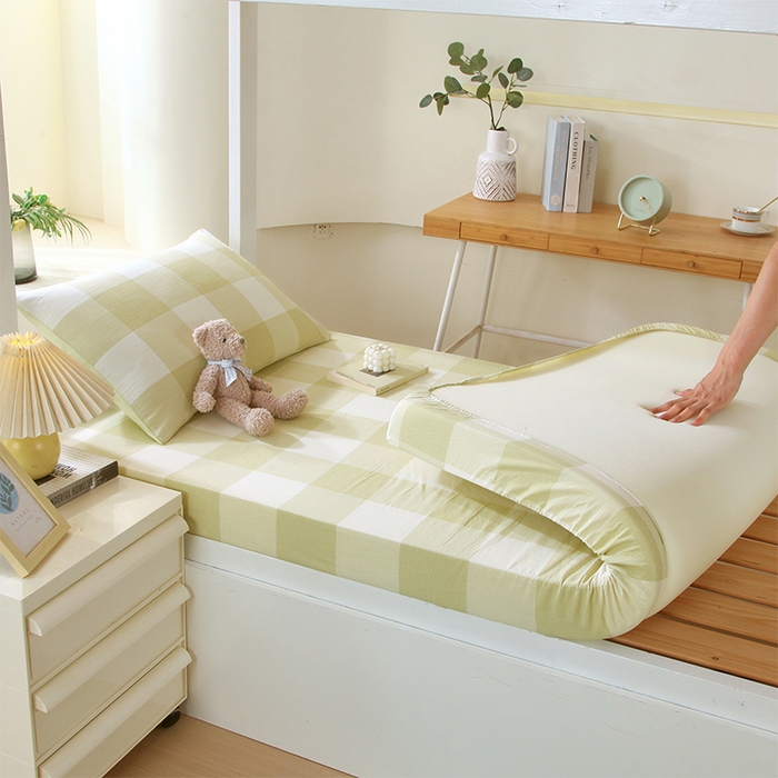 91家纺网 家纺一手货源 找家纺 春皖家纺 2025新款学生季全棉纯棉色织AB版水洗棉单品系列-单床笠 床笠单件 素雅-芳绿