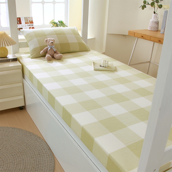 91家纺网 家纺一手货源 找家纺 春皖家纺 2025新款学生季全棉纯棉色织AB版水洗棉单品系列-单床笠 床笠单件 素雅-芳绿