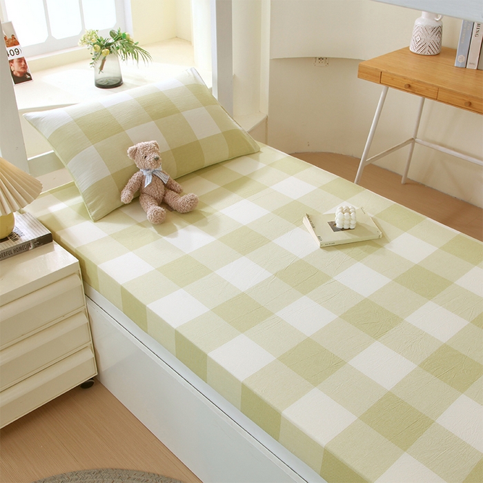 91家纺网 家纺一手货源 找家纺 春皖家纺 2025新款学生季全棉纯棉色织AB版水洗棉单品系列-单床笠 床笠单件 素雅-芳绿