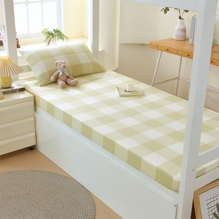 91家纺网 家纺一手货源 找家纺 春皖家纺 2025新款学生季全棉纯棉色织AB版水洗棉单品系列-单床笠 床笠单件 素雅-芳绿