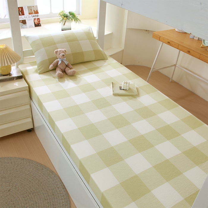 91家纺网 家纺一手货源 找家纺 春皖家纺 2025新款学生季全棉纯棉色织AB版水洗棉单品系列-单床笠 床笠单件 素雅-芳绿