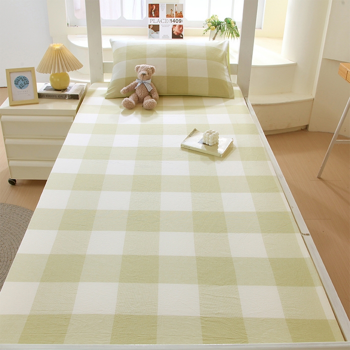 91家纺网 家纺一手货源 找家纺 春皖家纺 2025新款学生季全棉纯棉色织AB版水洗棉单品系列-单床笠 床笠单件 素雅-芳绿