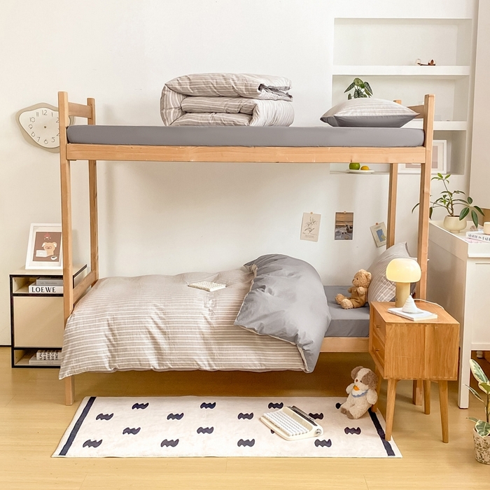 91家纺网 家纺一手货源 找家纺 恋人优选 2025新款全棉纯棉水洗棉(AB版)学生宿舍上下铺三件套-无标款 简希灰条