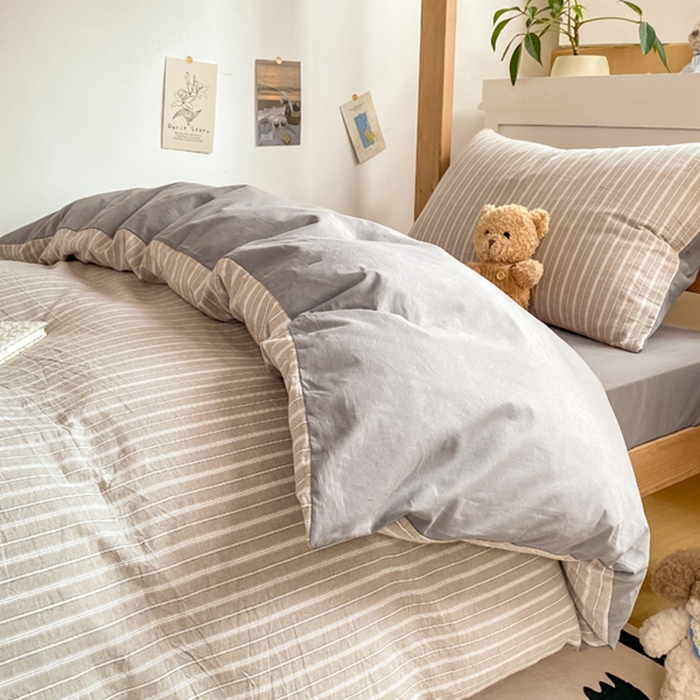 91家纺网 家纺一手货源 找家纺 恋人优选 2025新款全棉纯棉水洗棉(AB版)学生宿舍上下铺三件套-无标款 简希灰条