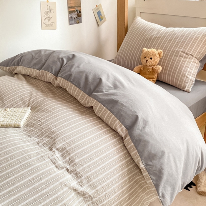 91家纺网 家纺一手货源 找家纺 恋人优选 2025新款全棉纯棉水洗棉(AB版)学生宿舍上下铺三件套-无标款 简希灰条