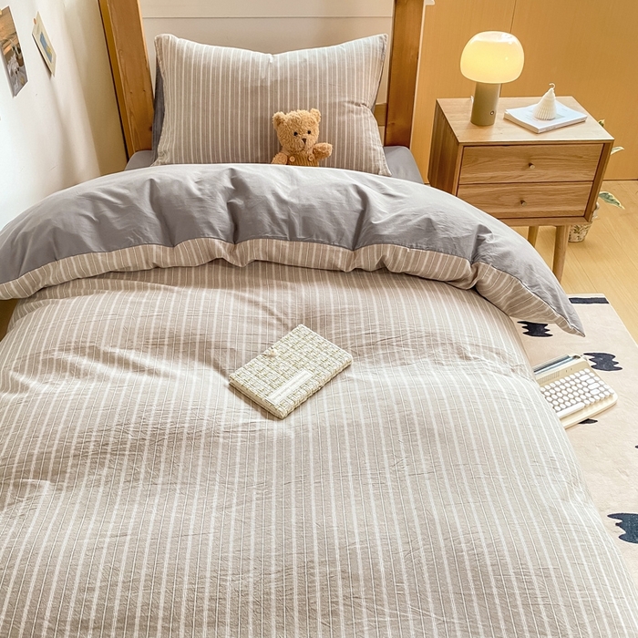 91家纺网 家纺一手货源 找家纺 恋人优选 2025新款全棉纯棉水洗棉(AB版)学生宿舍上下铺三件套-无标款 简希灰条