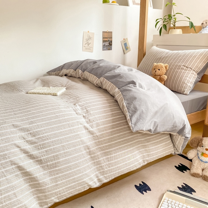 91家纺网 家纺一手货源 找家纺 恋人优选 2025新款全棉纯棉水洗棉(AB版)学生宿舍上下铺三件套-无标款 简希灰条