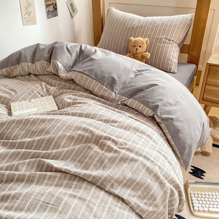 91家纺网 家纺一手货源 找家纺 恋人优选 2025新款全棉纯棉水洗棉(AB版)学生宿舍上下铺三件套-无标款 简希灰条