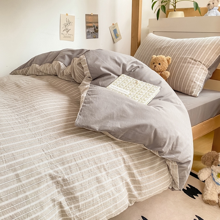 91家纺网 家纺一手货源 找家纺 恋人优选 2025新款全棉纯棉水洗棉(AB版)学生宿舍上下铺三件套-无标款 简希灰条