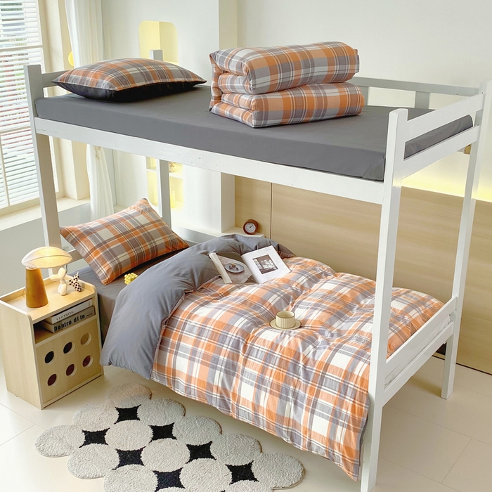 91家纺网 家纺一手货源 找家纺 春皖家纺 2025春夏新款AB版全棉纯棉色织水洗棉学生三件套六件套 素雅-莱恩