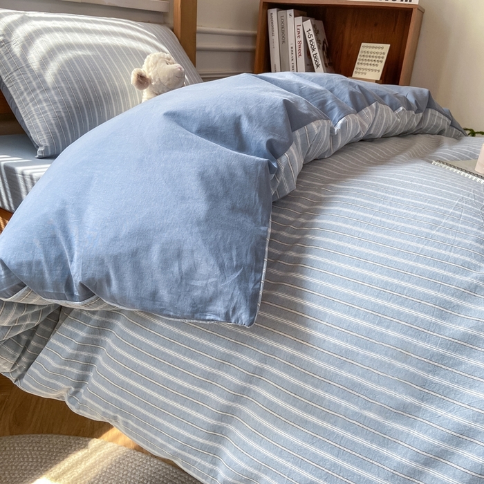 91家纺网 家纺一手货源 找家纺 恋人优选 2025新款全棉纯棉水洗棉(AB版)学生宿舍上下铺三件套-无标款 简希蓝条