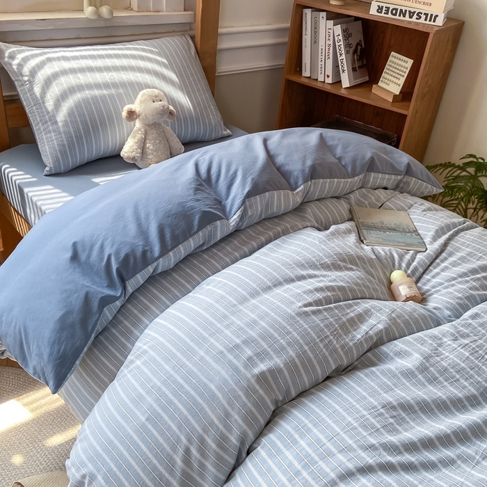 91家纺网 家纺一手货源 找家纺 恋人优选 2025新款全棉纯棉水洗棉(AB版)学生宿舍上下铺三件套-无标款 简希蓝条