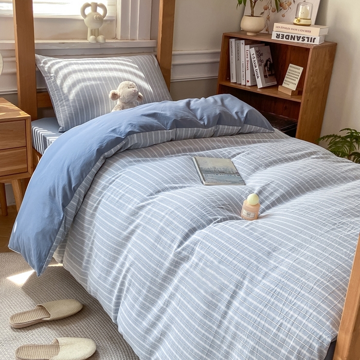 91家纺网 家纺一手货源 找家纺 恋人优选 2025新款全棉纯棉水洗棉(AB版)学生宿舍上下铺三件套-无标款 简希蓝条