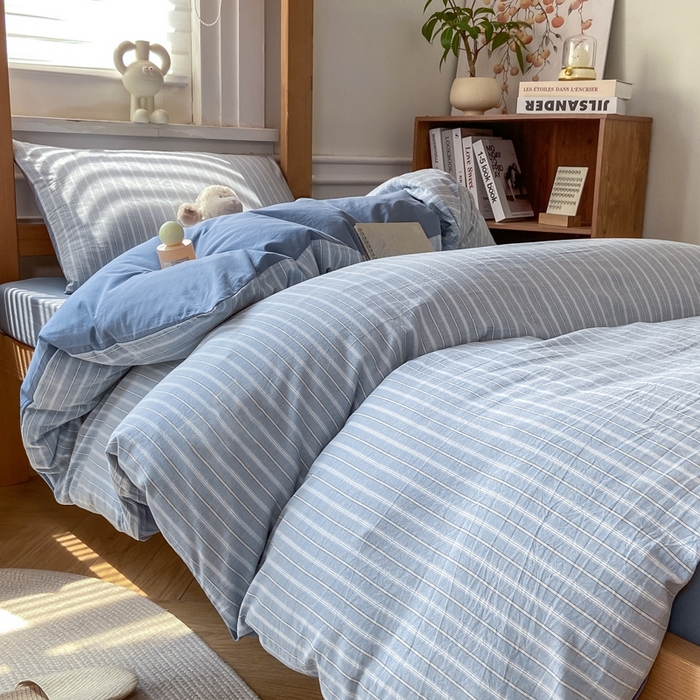 91家纺网 家纺一手货源 找家纺 恋人优选 2025新款全棉纯棉水洗棉(AB版)学生宿舍上下铺三件套-无标款 简希蓝条