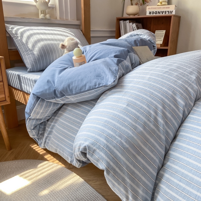 91家纺网 家纺一手货源 找家纺 恋人优选 2025新款全棉纯棉水洗棉(AB版)学生宿舍上下铺三件套-无标款 简希蓝条