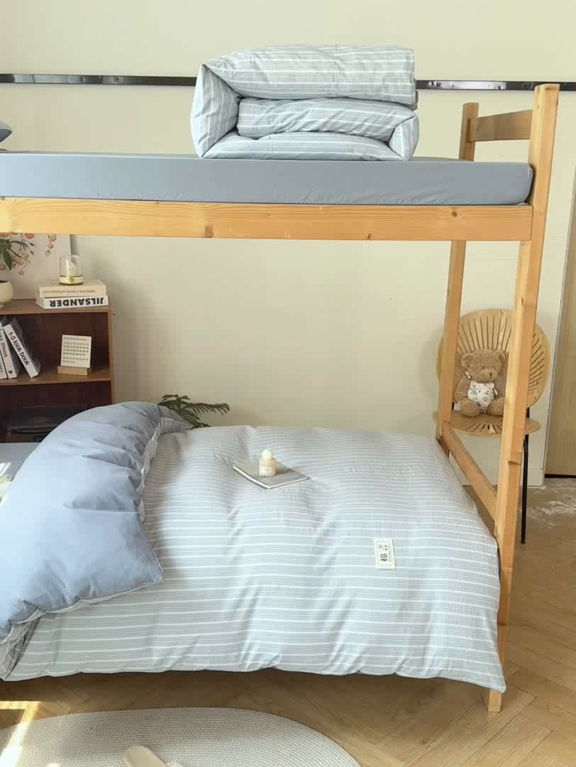 91家纺网 家纺一手货源 找家纺 恋人优选 2025新款全棉纯棉水洗棉(AB版)学生宿舍上下铺三件套-无标款 简希蓝条