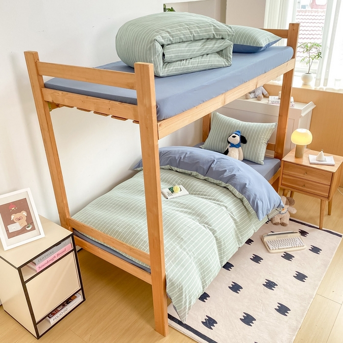 91家纺网 家纺一手货源 找家纺 恋人优选 2025新款全棉纯棉水洗棉(AB版)学生宿舍上下铺三件套-无标款 简希绿条