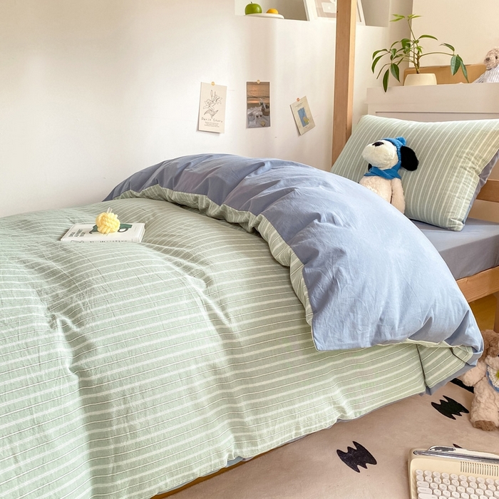 91家纺网 家纺一手货源 找家纺 恋人优选 2025新款全棉纯棉水洗棉(AB版)学生宿舍上下铺三件套-无标款 简希绿条
