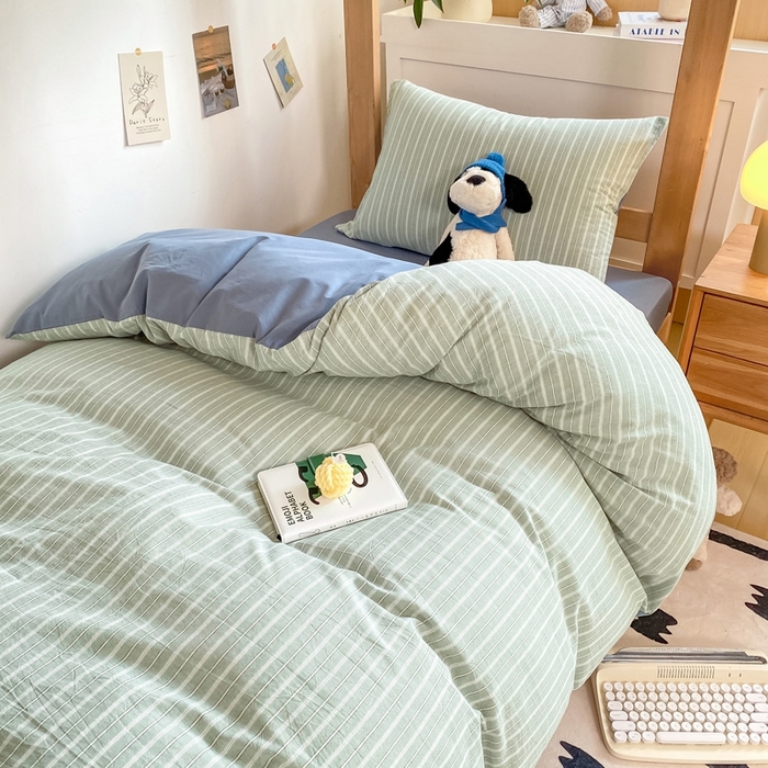 91家纺网 家纺一手货源 找家纺 恋人优选 2025新款全棉纯棉水洗棉(AB版)学生宿舍上下铺三件套-无标款 简希绿条