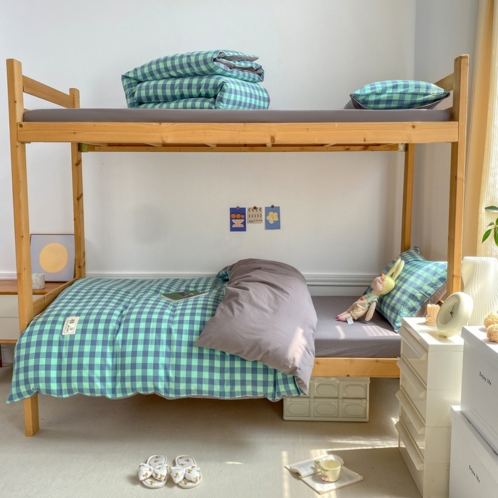 91家纺网 家纺一手货源 找家纺 恋人优选 2025新款全棉纯棉水洗棉(AB版)学生宿舍上下铺三件套-有标款 蓝绿格