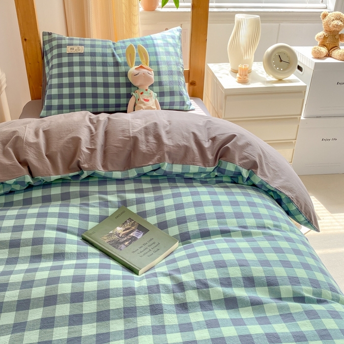 91家纺网 家纺一手货源 找家纺 恋人优选 2025新款全棉纯棉水洗棉(AB版)学生宿舍上下铺三件套-有标款 蓝绿格