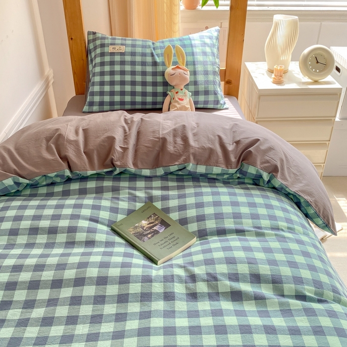 91家纺网 家纺一手货源 找家纺 恋人优选 2025新款全棉纯棉水洗棉(AB版)学生宿舍上下铺三件套-有标款 蓝绿格
