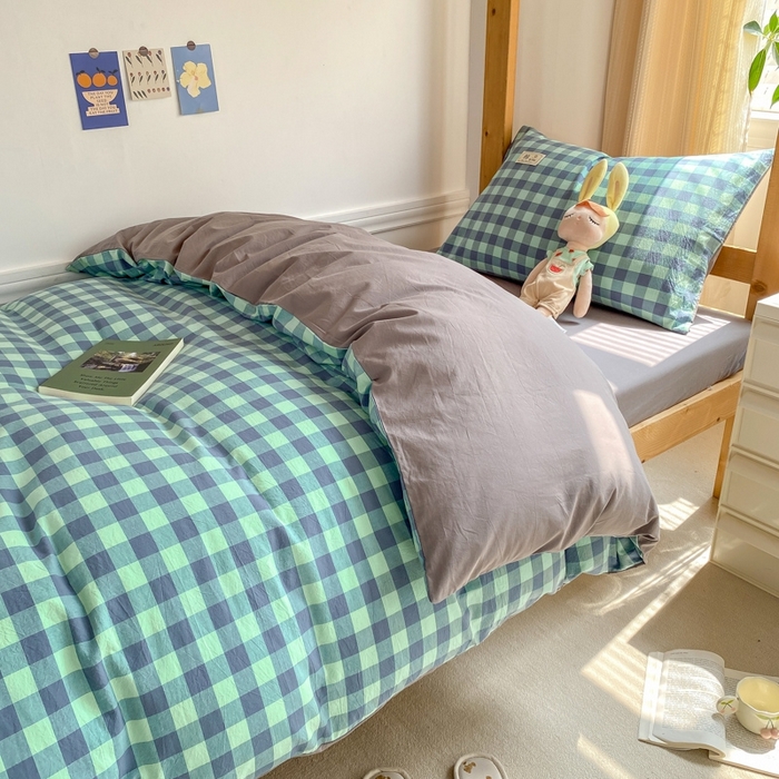 91家纺网 家纺一手货源 找家纺 恋人优选 2025新款全棉纯棉水洗棉(AB版)学生宿舍上下铺三件套-有标款 蓝绿格