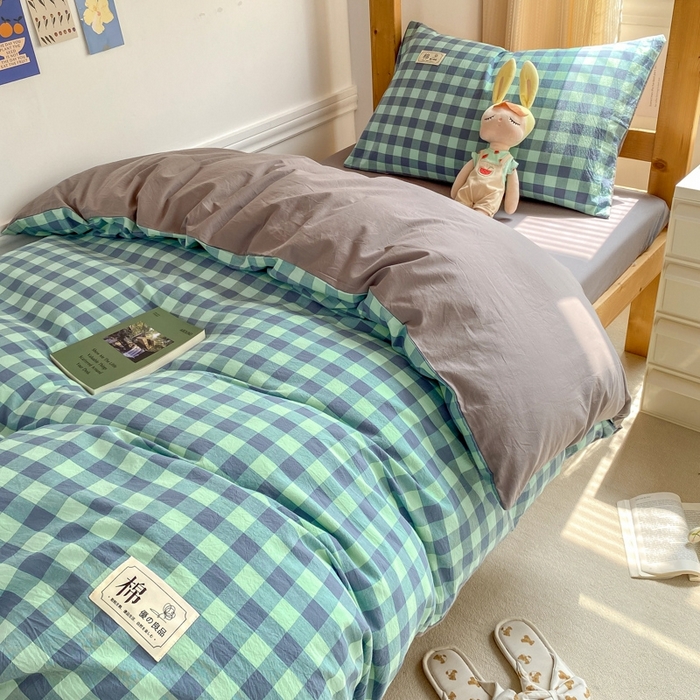 91家纺网 家纺一手货源 找家纺 恋人优选 2025新款全棉纯棉水洗棉(AB版)学生宿舍上下铺三件套-有标款 蓝绿格