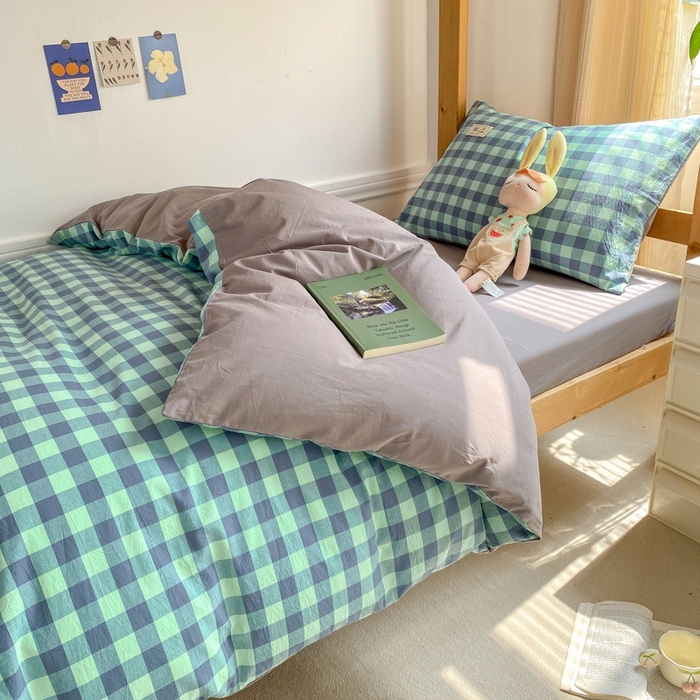 91家纺网 家纺一手货源 找家纺 恋人优选 2025新款全棉纯棉水洗棉(AB版)学生宿舍上下铺三件套-有标款 蓝绿格