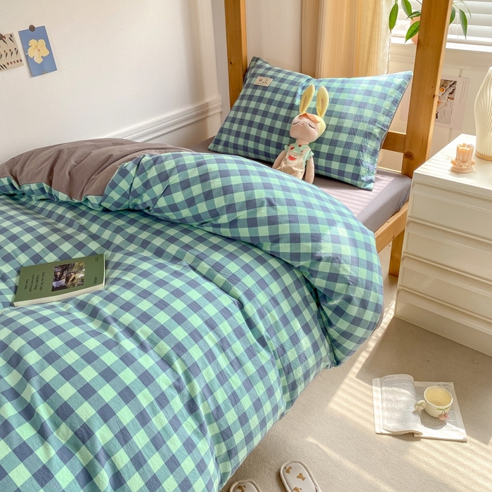 91家纺网 家纺一手货源 找家纺 恋人优选 2025新款全棉纯棉水洗棉(AB版)学生宿舍上下铺三件套-有标款 蓝绿格