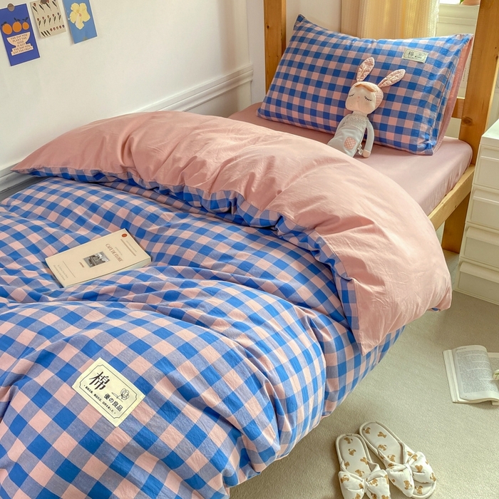 91家纺网 家纺一手货源 找家纺 恋人优选 2025新款全棉纯棉水洗棉(AB版)学生宿舍上下铺三件套-有标款 蓝玉格