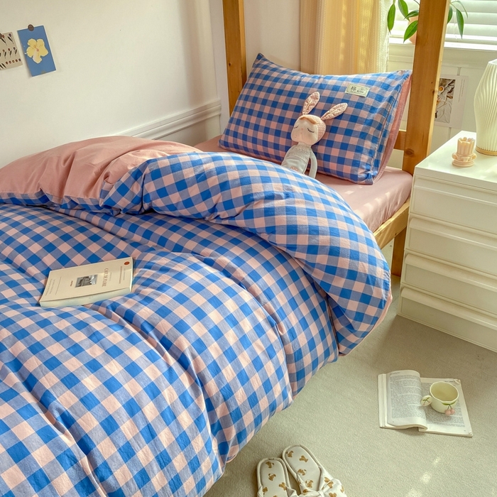 91家纺网 家纺一手货源 找家纺 恋人优选 2025新款全棉纯棉水洗棉(AB版)学生宿舍上下铺三件套-有标款 蓝玉格