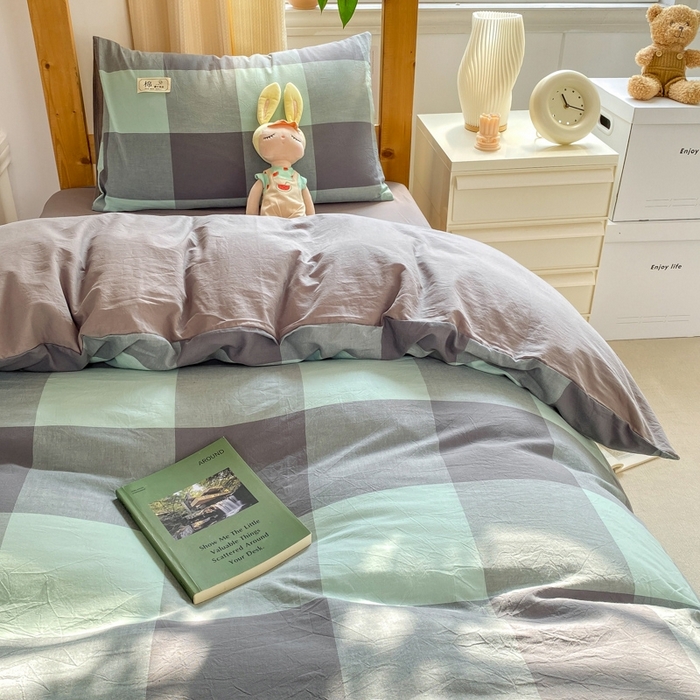 91家纺网 家纺一手货源 找家纺 恋人优选 2025新款全棉纯棉水洗棉(AB版)学生宿舍上下铺三件套-有标款 绿灰大格
