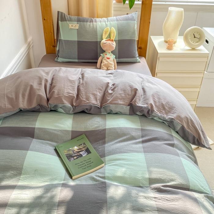 91家纺网 家纺一手货源 找家纺 恋人优选 2025新款全棉纯棉水洗棉(AB版)学生宿舍上下铺三件套-有标款 绿灰大格