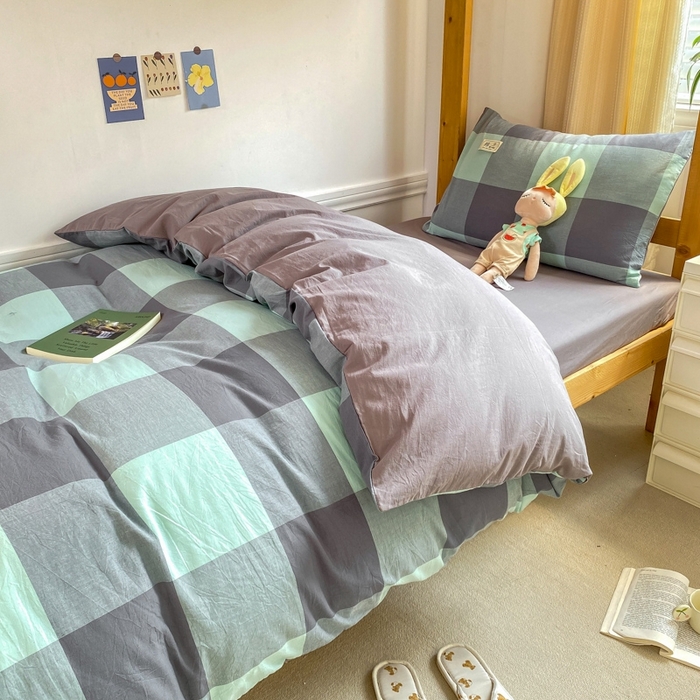 91家纺网 家纺一手货源 找家纺 恋人优选 2025新款全棉纯棉水洗棉(AB版)学生宿舍上下铺三件套-有标款 绿灰大格