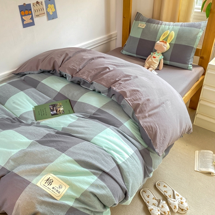 91家纺网 家纺一手货源 找家纺 恋人优选 2025新款全棉纯棉水洗棉(AB版)学生宿舍上下铺三件套-有标款 绿灰大格