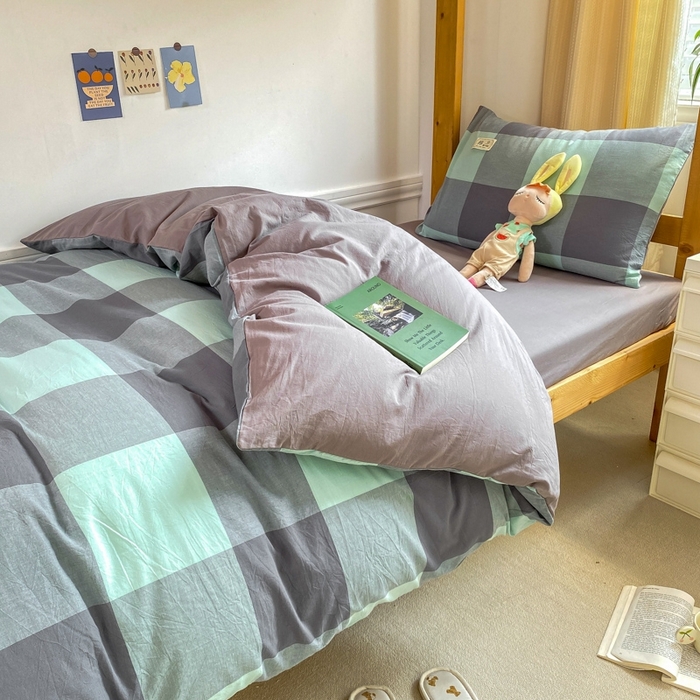 91家纺网 家纺一手货源 找家纺 恋人优选 2025新款全棉纯棉水洗棉(AB版)学生宿舍上下铺三件套-有标款 绿灰大格