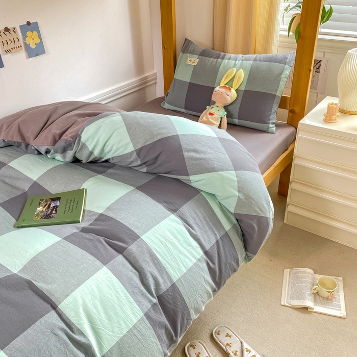 91家纺网 家纺一手货源 找家纺 恋人优选 2025新款全棉纯棉水洗棉(AB版)学生宿舍上下铺三件套-有标款 绿灰大格