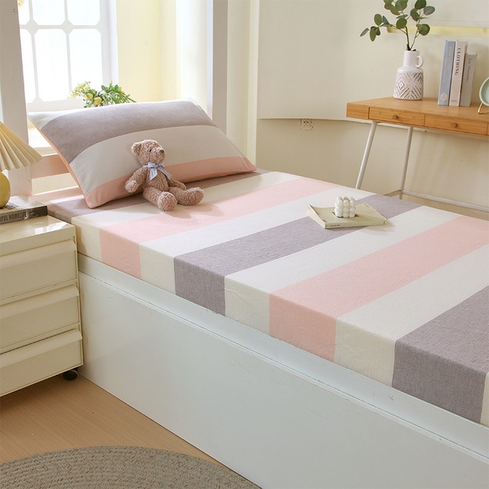 春皖家纺 2025新款学生季全棉纯棉色织AB版水洗棉单品系列-单床笠 床笠单件 素雅-灰白条