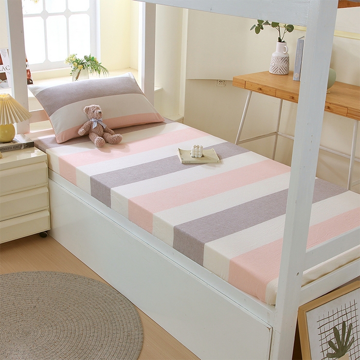 91家纺网 家纺一手货源 找家纺 春皖家纺 2025新款学生季全棉纯棉色织AB版水洗棉单品系列-单床笠 床笠单件 素雅-灰白条