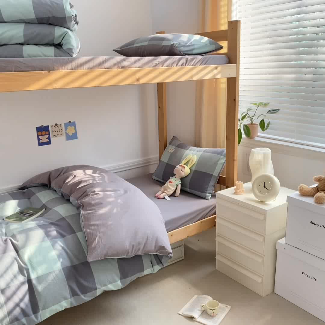 91家纺网 家纺一手货源 找家纺 恋人优选 2025新款全棉纯棉水洗棉(AB版)学生宿舍上下铺三件套-有标款 绿灰大格